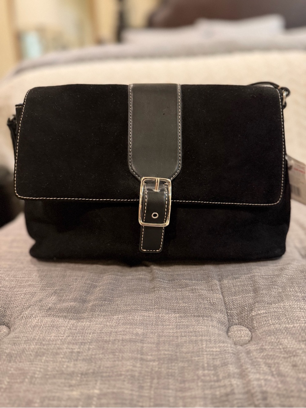Liz Claiborne Black Suede Shoulder Bag with Buckle Strap